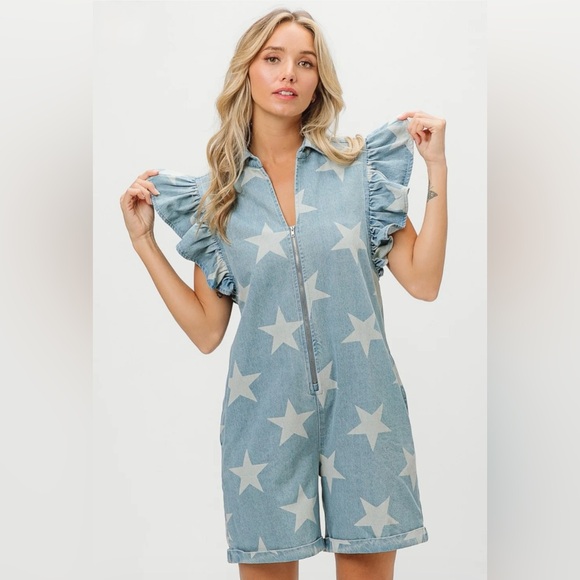 BiBi Ruffled Star Half Zip Denim Romper Size Medium NWOT